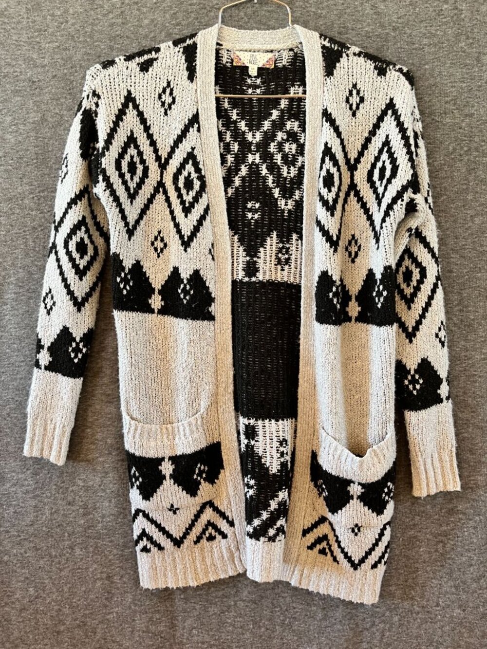 Pink Rose Women's long sleeve open front black and white knit cardigan sweater